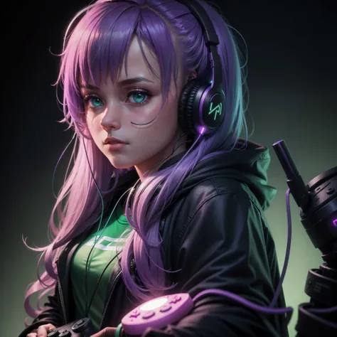 Realistic Hacker Girl winning a game while wearing headphones and a controller in a dark room with dim purple and green room lighting setup.