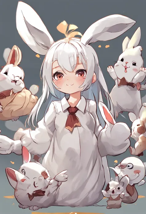 small rabbit, bunny ears, water eyes, bright pupils, smile, anime, tonality, anime style, adorable, bud, a rabbit, rabbit character design, rich expressions, various poses with white background, no clothes, white fur, realist