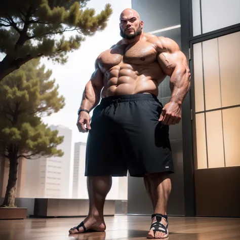 Fat and strong，Muscle tension，Fierce appearance，Yujiro Manmas pose，masculine and strong，Full body portrait，bald-headed，clench ones teeth，Strong impact，Stand up straight，The height is about 2 meters，Extremely fierce man，Masculinity，William Hawes，Topless man...