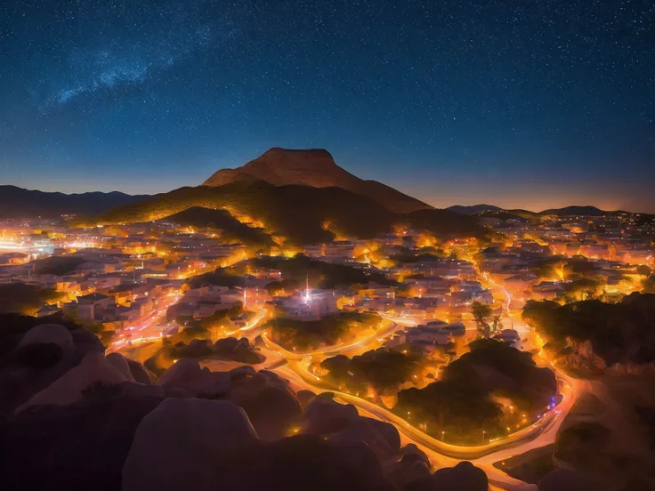 Cerro Uritorco con imagen de ovni sobrevolandolo, de noche, muy luminosa noche, hiperrealismo fotografico