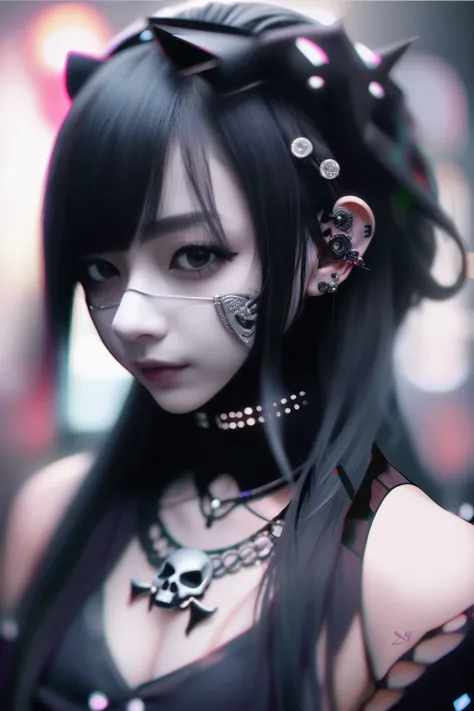 head phone、☠️、skull、skeletal、A dark-haired、goth_punk, 1girl in, 独奏, medium shot, Walking in Harajuku, ((during night)), bokeh dof, Neon light, Iridescent eyes, starrysky, Radiant hair, (iridescent white hair), 耳Nipple Ring, bangss, jewely, masks, bluntbang...