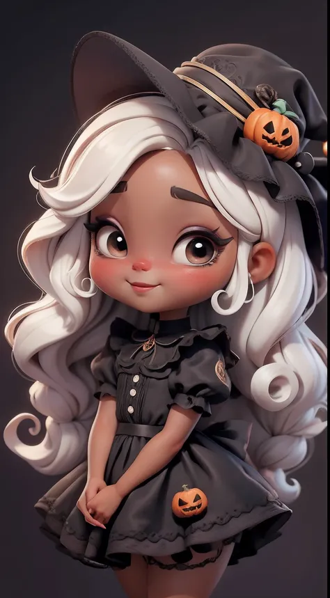 Create a series of cute dolls style chibi afro skin dread with a cute halloween theme, each with lots of detail and in an 8K resolution. All dolls should follow the same solid background pattern and be complete in the image, mostrando o (corpo inteiro, inc...