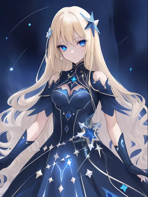 long hair, blonde, dark blue eyes, star details in the eyes, dark blue dress costume with silver, star dress details, cosmic fantasy heroine