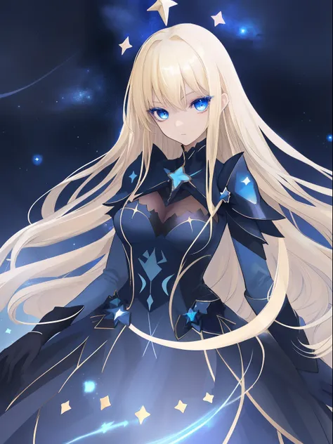 long hair, blonde, dark blue eyes, star details in the eyes, dark blue dress costume with silver, star dress details, cosmic fantasy heroine