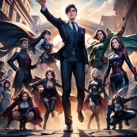 A confident and charismatic 23-year-old young man surrounded by a group of powerful and diverse women, reminiscent of iconic Avengers posters. The young man stands at the center, exuding a sense of leadership and strength, while the women surround him with...