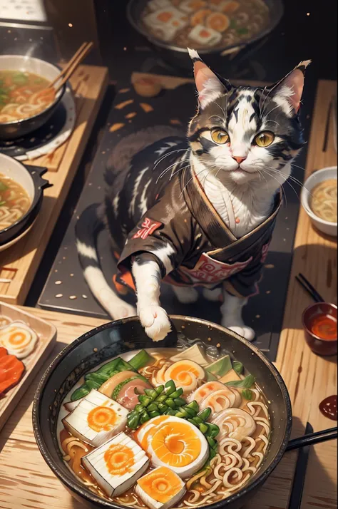 (A calico cat is preparing ramen on the table:1.2)、(C4TTITUDE:1.3)、Close-up photo at Glasstech Kitchen、Hyperrealistic intricate detail、(foggy:1.1)、Perspective from above