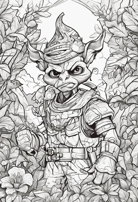 Generate an image of a colored goblin in an art style suitable for a coloring book. Make sure the picture is clear and easy for children to color.. The image should be large and detailed enough to take up half a page of a standard coloring book.. el dibujo...