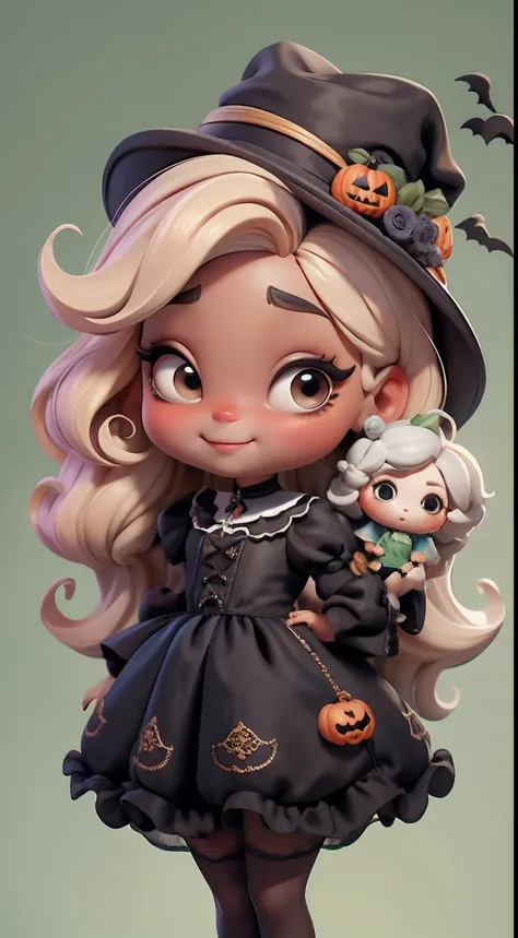 Create a series of cute dolls style chibi afro skin dread with a cute halloween theme, each with lots of detail and in an 8K resolution. All dolls should follow the same solid background pattern and be complete in the image, mostrando o (corpo inteiro, inc...