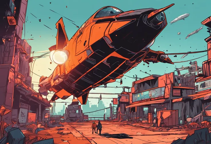 a crashing orange black spaceship jet in another planet near a bar tavern in a sunset cinematic anime style