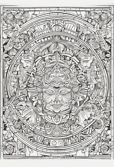 Generate an image of a colored Mayan calendar in an art style suitable for a coloring book. Make sure the picture is clear and easy for children to color.. The image should be large and detailed enough to take up half a page of a standard coloring book.. e...