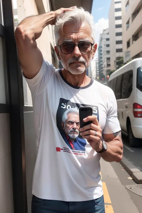 crie uma pessoa forte, homen, com uma camisa do sao paulo, 50 anos, cabelos esbranquisado, tirando foto no espelho com um iphone 14