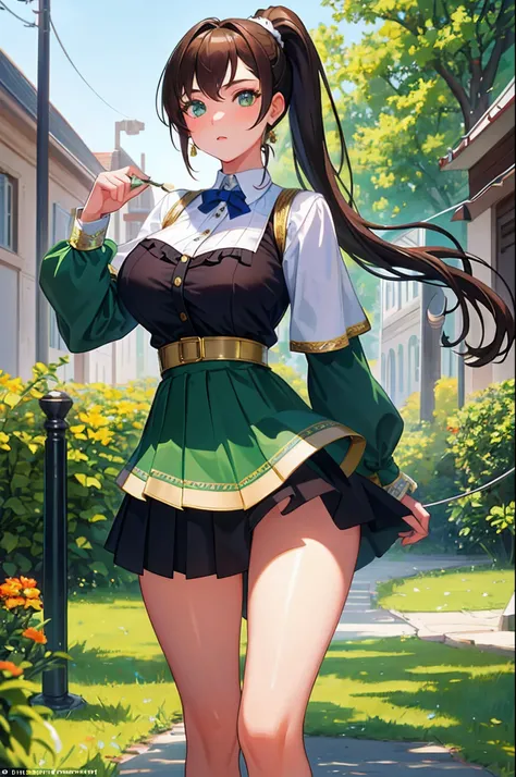 (masterpiece:1.2, best quality), (finely detailed beautiful eyes: 1.2), a girl with a brown ponytail, green eyes, big breasts, only 1 girl, age 20, skirt