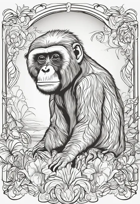 Generate an image of a Chimpance in an art style suitable for a coloring book. Make sure the image is clear and easy to color for kids. . Add simple but interesting details that help children identify the animal and enjoy the coloring process. The image sh...