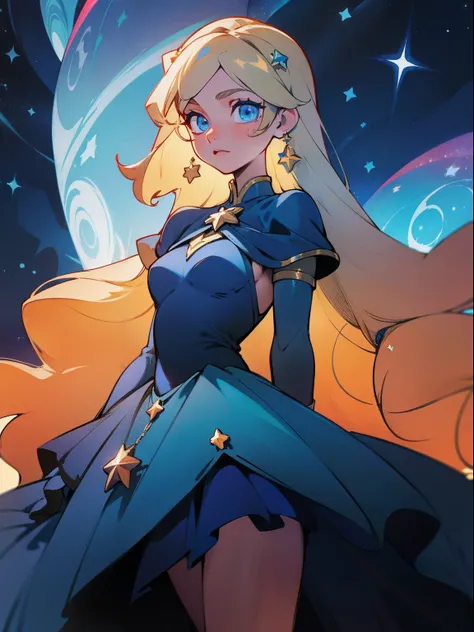 long hair, blonde, dark blue eyes, star details in the eyes, dark blue dress costume with silver, star dress details, cosmic fantasy heroine