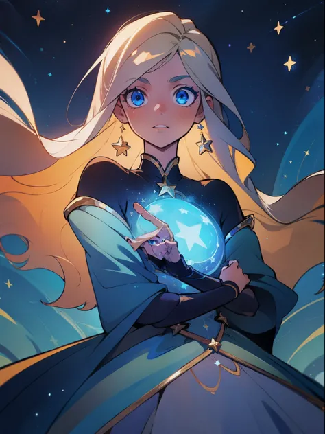 long hair, blonde, dark blue eyes, star details in the eyes, dark blue dress costume with silver, star dress details, cosmic fantasy heroine