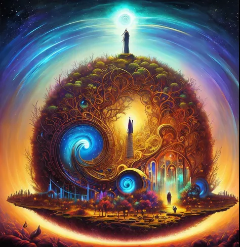 grupo de orquestra, um hipercubo com um fundo espiral, Epic Music album cover, arte de fundo, epic surrealism 8k oil painting, album cover concept art, arte do bipe, music album art, inspirado em Cyril Rolando, Dan Mumford Tom Bagshaw, epic stunning atmosp...