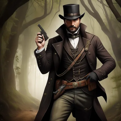 Theres a mysterious Victorian-era hunter with a gun on his back pointing a pistol at a hole in the ground, Ambiente de trevas, SOMBRIO E ARVORES SECAS.