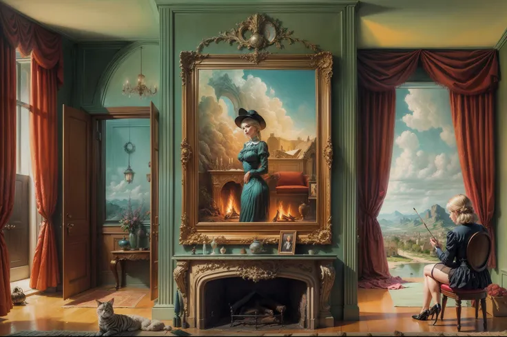 painting of a living room with a fireplace and a beautifull girl in the corner, surrealism painting, surreal painting, surrealism art, masterpiece surrealism, surrealistic painting, magritte painting, surrealism, surrealist painting, surreal scene, surreal...