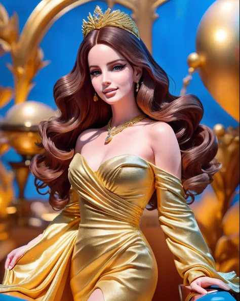 (masterpiece, high resolution, official art:1.3), lana del rey as barbie, (golden long gown:1.2), (full-body size:1.1), inside a...