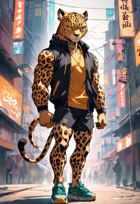 ((foto crua)), ((obra-prima)), Anthropomorphic humanoid leopard wearing (roupas de streetwear), andando furiosamente entre as pessoas, detalhe intrincado, intricate Greebles pieces, city behind, corpo musculoso, (large muscles), muscular arms, (small head)...