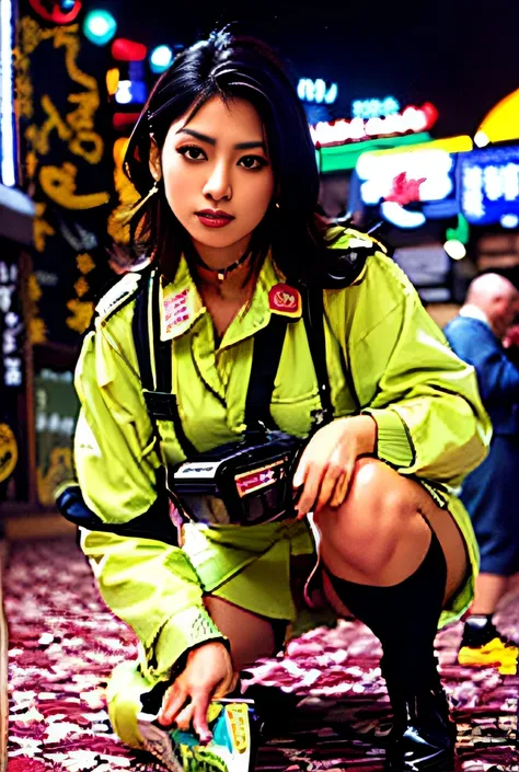 Arab asian woman in uniform crouching to pick up newspaper, 90s color photo, grainy low quality, anaglyph effect ayami kojima, ((Hypersaturated)), Seifuku, [ photos realistic ]!!, chiho, grainy picture, 90s japan, color photograph, very grainy image