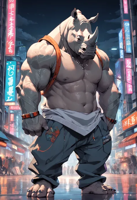 ((foto crua)), ((obra-prima)), Anthropomorphic humanoid rhinoceros wearing (((roupas de streetwear))), caminhando furiosamente entre as pessoas, detalhe intrincado, intricate Greebles pieces, city behind, corpo musculoso, (((large muscles))), muscular arms...