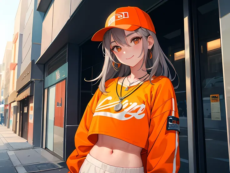 masterpiece, best quality, (1 girl), (solo), gray hair, orange eyes, baseball cap, necklace, crop top, sweatpants, outdoors, urban, small smile, street, sidewalk, looking at viewer