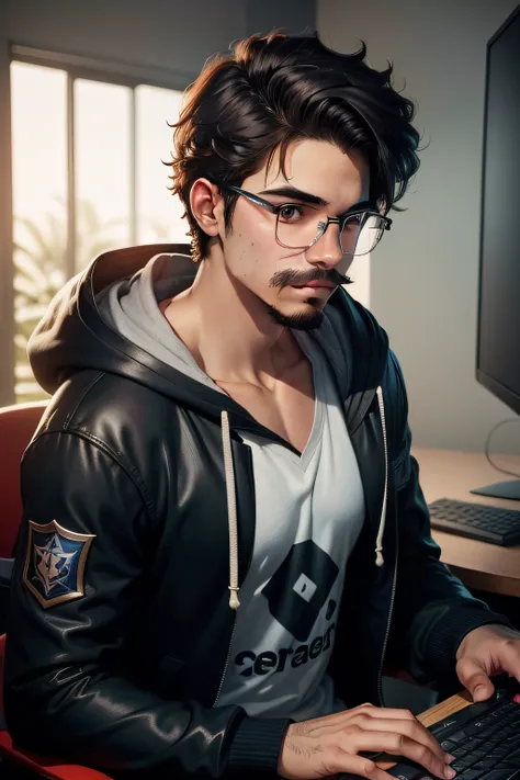 Foto de profile de um jovem gamer, He has a mustache and wears glasses, is wearing a hooded coat, cabelo curto