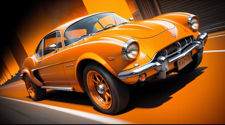 painting of a classic car in a orange and white color, an airbrush painting , trending on polycount, retrofuturism, stylized digital illustration, highly detailed hyper real retro, stylized digital art, in style of cyril rolando, cinema 4d colorful render,...