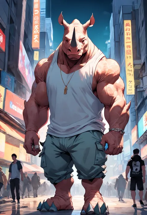 ((foto crua)), ((obra-prima)), Anthropomorphic humanoid rhinoceros wearing (((roupas de streetwear))), caminhando furiosamente entre as pessoas, detalhe intrincado, intricate Greebles pieces, city behind, corpo musculoso, (((large muscles))), muscular arms...