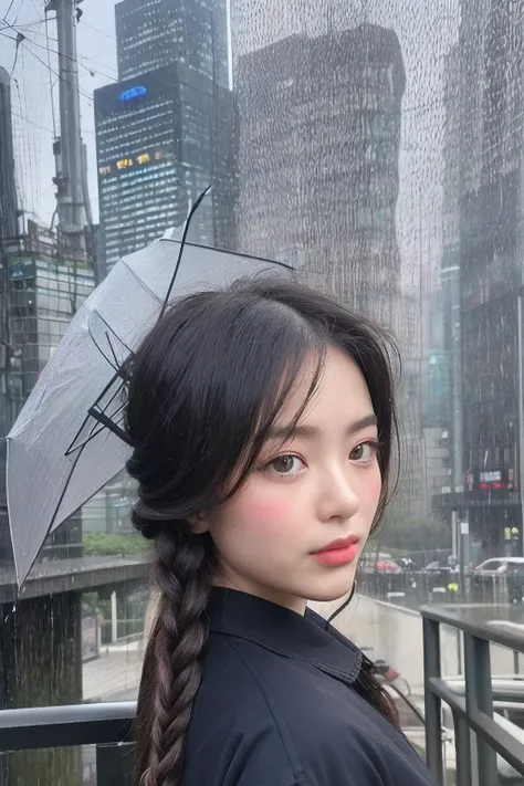 (extra detailed body、extra detailed face、best qualtiy:1.2)、femele、looking at the viewers、(Holding an umbrella。Braided hairstyle、What to wear for rainy days)、(Tokyo cityscape in the background:1.4)