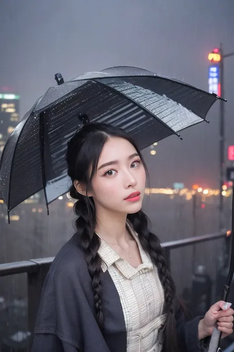 (extra detailed body、extra detailed face、best qualtiy:1.2)、femele、looking at the viewers、(Holding an umbrella。Braided hairstyle、What to wear for rainy days)、(Tokyo cityscape in the background:1.4)