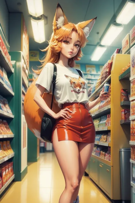 In the style of 90s vintage. anime art of a An anthropomorphic fox inside a convenience store. Detailed art. Fine line art 90’s vintage anime