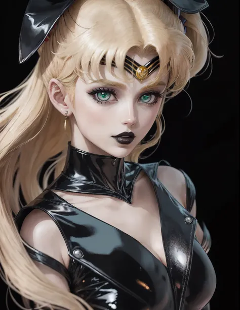 a dark and goth version of sailor moon main character from the sailor moon manga animated serie, draw by Tim Burton, dressed in black latex, with her distinctif blond hair, with her distinctif sailor moon outfit, character design, full character view, high...