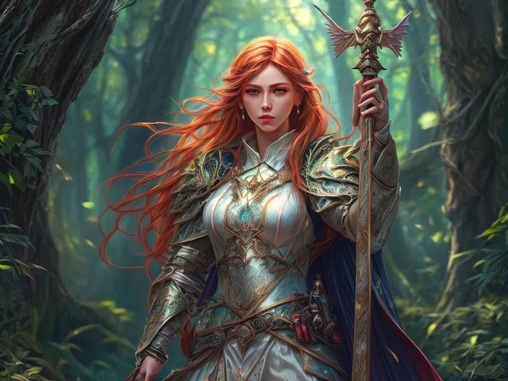 a picture of woman paladin of nature protecting the forest, controlling magical plants, tanjoreai, a woman holy knight, protector of nature, red hair, long hair, full body (best details, Masterpiece, best quality :1.5), ultra detailed face (best details, M...