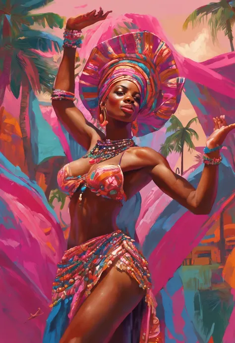 oil painting portraying scantily dressed female African dancers, ((curvy)), ((seductive look)), (((pretty faces))), ((big hips)), beautiful models, ((cleavage)), ((slim waist)), ((flat stomach)), beads around the neck, detailed facial expression, detailed ...