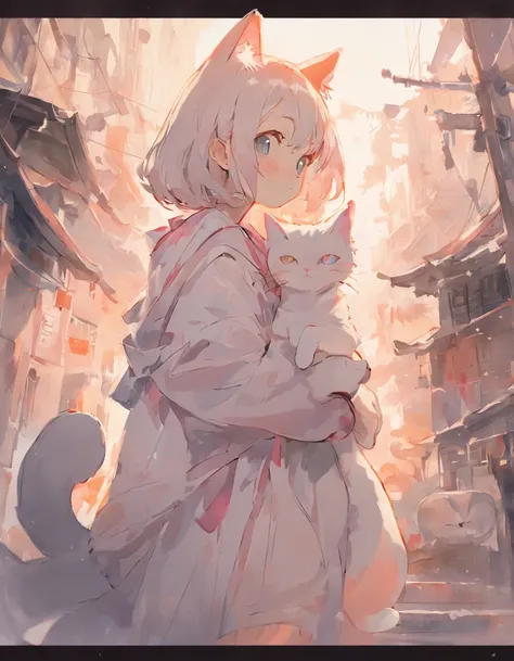 Cats（（Stay with the cat１.５））、full body Esbian、girl with、
(PastelColors:1.5)、(Cute illustration:1.5)、(watercolor paiting:1.2)、white  hair