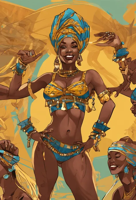 oil painting portraying female African dancers, ((smiling)), ((curvy)), ((big bosom)), ((seductive look)), (((pretty faces))), ((big hips)), ((thick thighs)), ((beautiful models)), ((cleavage)), ((slim waist)), ((flat stomach)), ((flat tummy)), gold jewelr...