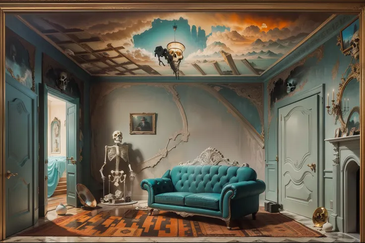 painting of a living room with a fireplace and a skeleton in the corner, surrealism painting, surreal painting, surrealism art, masterpiece surrealism, surrealistic painting, magritte painting, surrealism, surrealist painting, surreal scene, surreal oil pa...