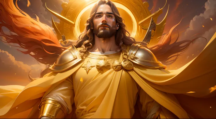 Jesus Cristo com aspecto resplandecente como o sol andando no meio de Candeeiros de Ouro puro lindo e dourado. Image with very high lighting quality, Very high resolution image, image with very high coloration, imagem realista, imagem hiperdetalhada.