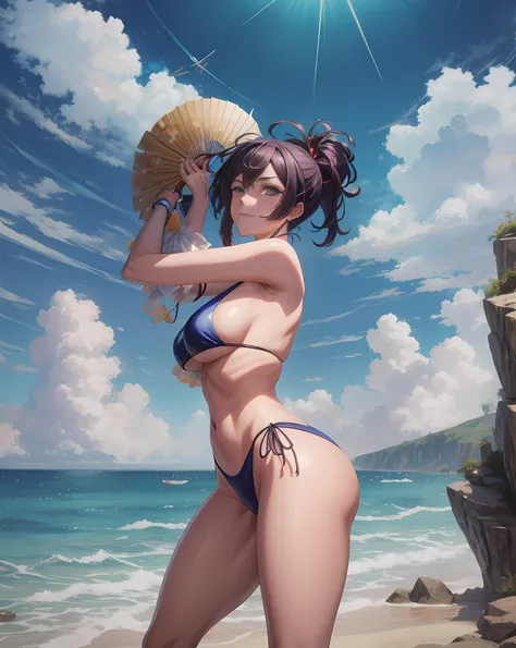 Anime girl in bikini holding a fan on the beach, Artgerm extremamente detalhado, Guweiz, por Yang J, bela arte de anime, Arte no estilo de Guweiz, Obra-prima de Guweiz, Directed by: Zhou Chen, arte de anime digital detalhada, Loli, mulher bonita sedutora d...