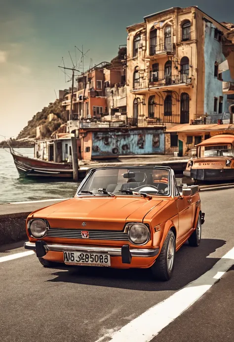 (masterpiece, high resolution, picturesque:1.2), volkswagen golf mk1 convertible car, (retro orange exterior:1.1), iconic design, cruising along Harbor Road, (lights reflecting:1.2), bathed in sunlight, sea breeze rustling, (harbor view:1.1), waves lapping...