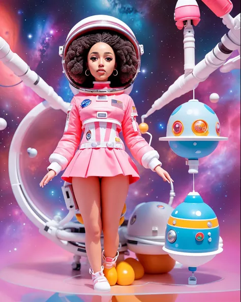 (masterpiece, high resolution, official art:1.3), Doja Cat as an Astronaut Barbie, (space-themed costume:1.2), vibrant pink spacesuit with iconic Barbie flair, helmet with pink accents, (colorful, otherworldly background:1.2), floating in zero gravity, con...