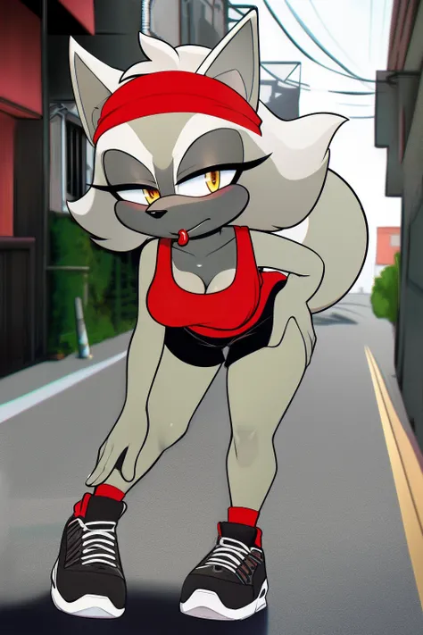 mobian, female, wolf, greyish green, yellow eyes, baggy tank top (red tank top), shorts, sport shoes, smoking, city alley, detailed, masterpiece, medium breast, hips, half-closed eyes, looking at the viewer, short hair, messy hair, red headband, standing, ...
