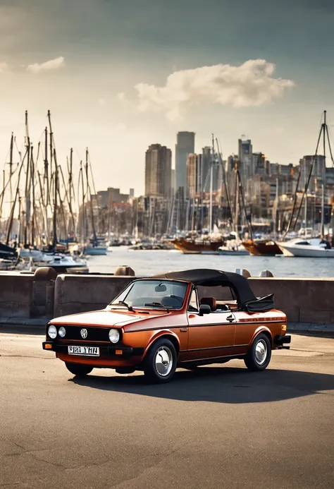 (masterpiece, high resolution, picturesque:1.2), volkswagen golf mk1 convertible car, (retro brown exterior:1.1), iconic design, parked along Harbor Road, (lights reflecting:1.2), bathed in sunlight, sea breeze rustling, (harbor view:1.1), waves lapping th...