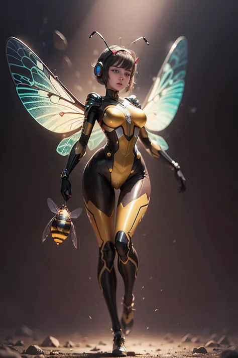 An exquisitely detailed portrayal of an astonishing Insectoid girl adorned with a remarkable Wasp Body, Shiny Plug Suit, Wasp wings, Full body, Flying, Cute Girl Face,