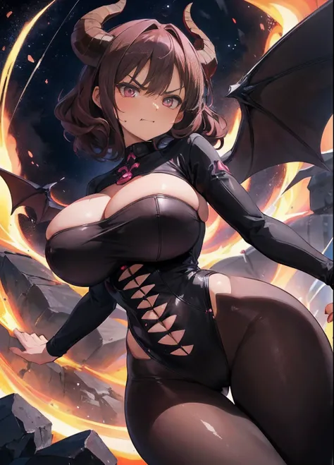 masterpiece, best quality, finely detailed, high resolution, 1girl, short curly brown hair, brown hair, pink eyes , big eyes, sexy, demon, horns, showing butt, fskinny waist, big hips, disgusted face, gross face, sexy, pink, (huge breasts), narrow waist, (...