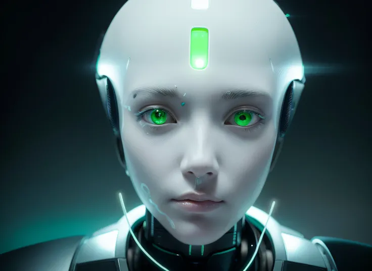 there is a robot with green eyes and a black background, robot, robot close up, facing the camera, portrait of female humanoid, portrait of female android, portrait of a female android, beautiful female android, portrait of a futuristic robot, beautiful an...