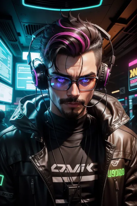 Um gamer jovem de 31 anos, with neon glasses, bigode, cabelo totalmente raspado e fone de ouvido, em um ambiente cyberpunk.