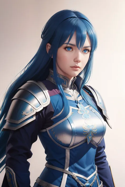 a woman with blue hair and armor standing in front of a white background, a character portrait inspired by li chevalier, pixiv, ...